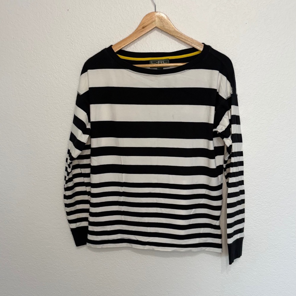Lauren Ralph Lauren Active Striped Long Sleeve Shirt Black White Boat Neck Large